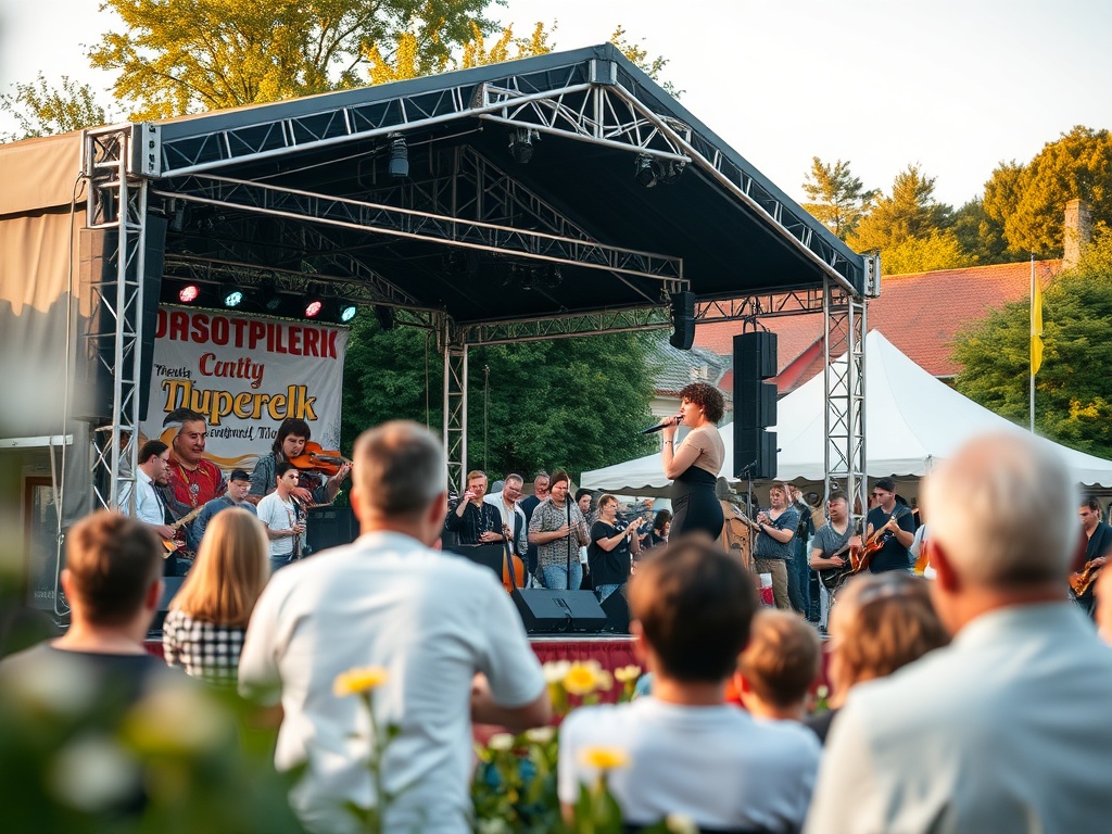 Drzewo morwy w zieleni, symbol Sulejówka, w tle fragment miasta